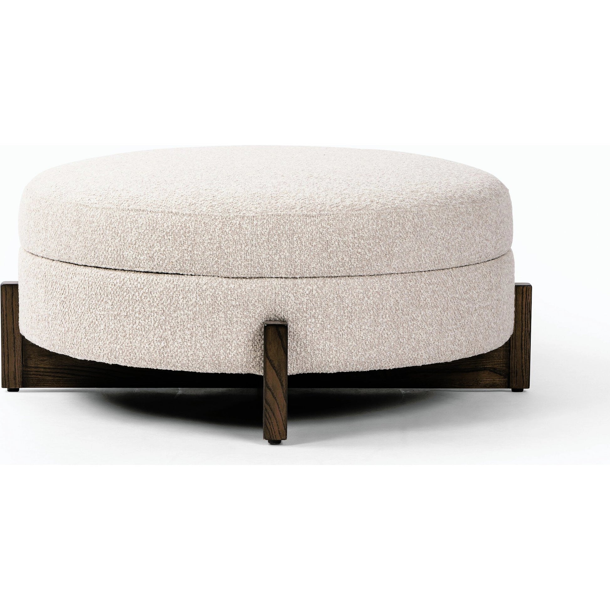 Esben Storage Ottoman by Four Hands in sattley fog, terra brown nettlewod. Made from 96% polyester, 4% acrylic, solid nettlewood, 100% polyester in a modern style.