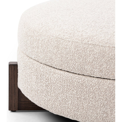 Esben Storage Ottoman by Four Hands in sattley fog, terra brown nettlewod. Made from 96% polyester, 4% acrylic, solid nettlewood, 100% polyester in a modern style.
