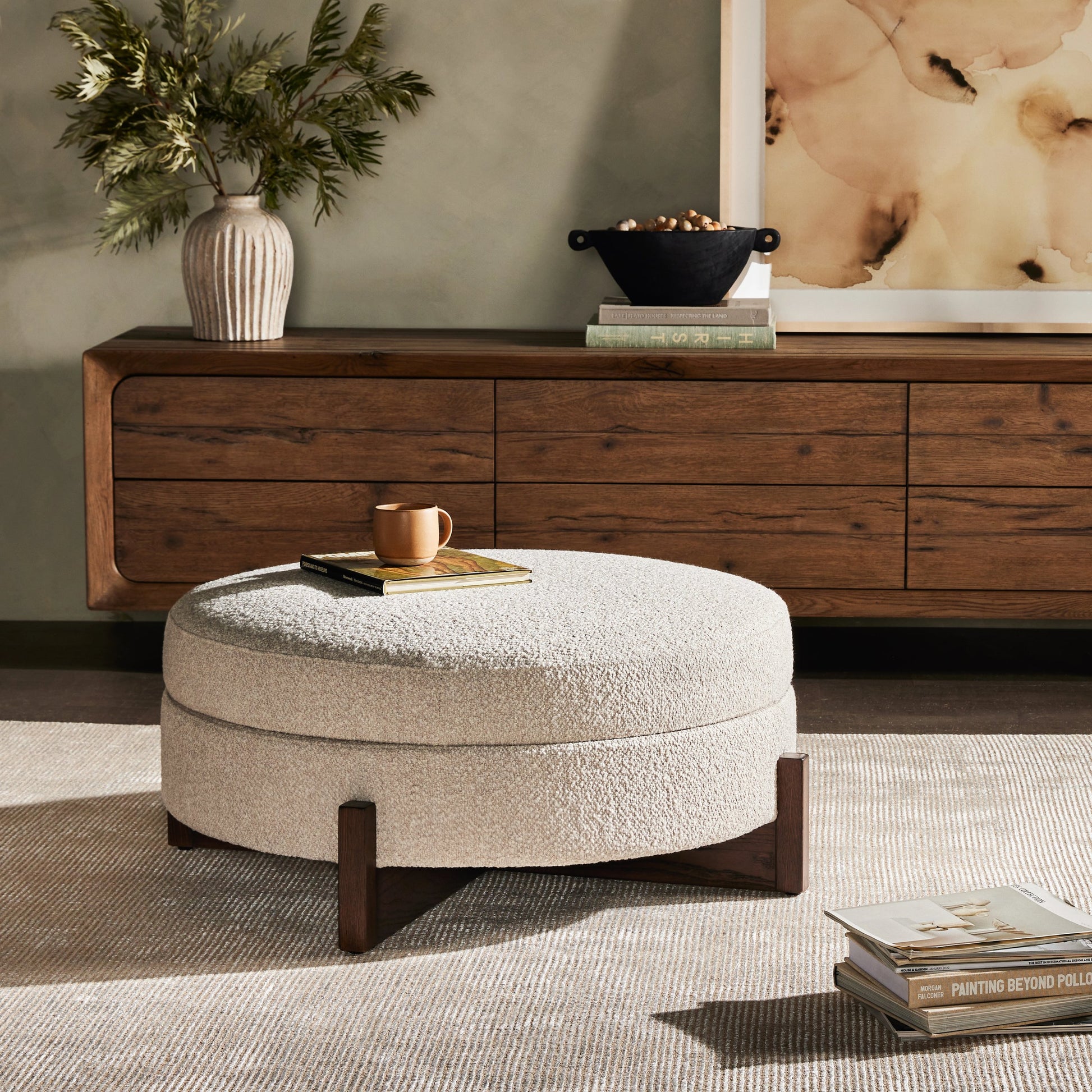 Esben Storage Ottoman by Four Hands in sattley fog, terra brown nettlewod. Made from 96% polyester, 4% acrylic, solid nettlewood, 100% polyester in a modern style.