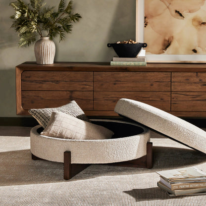 Esben Storage Ottoman by Four Hands in sattley fog, terra brown nettlewod. Made from 96% polyester, 4% acrylic, solid nettlewood, 100% polyester in a modern style.