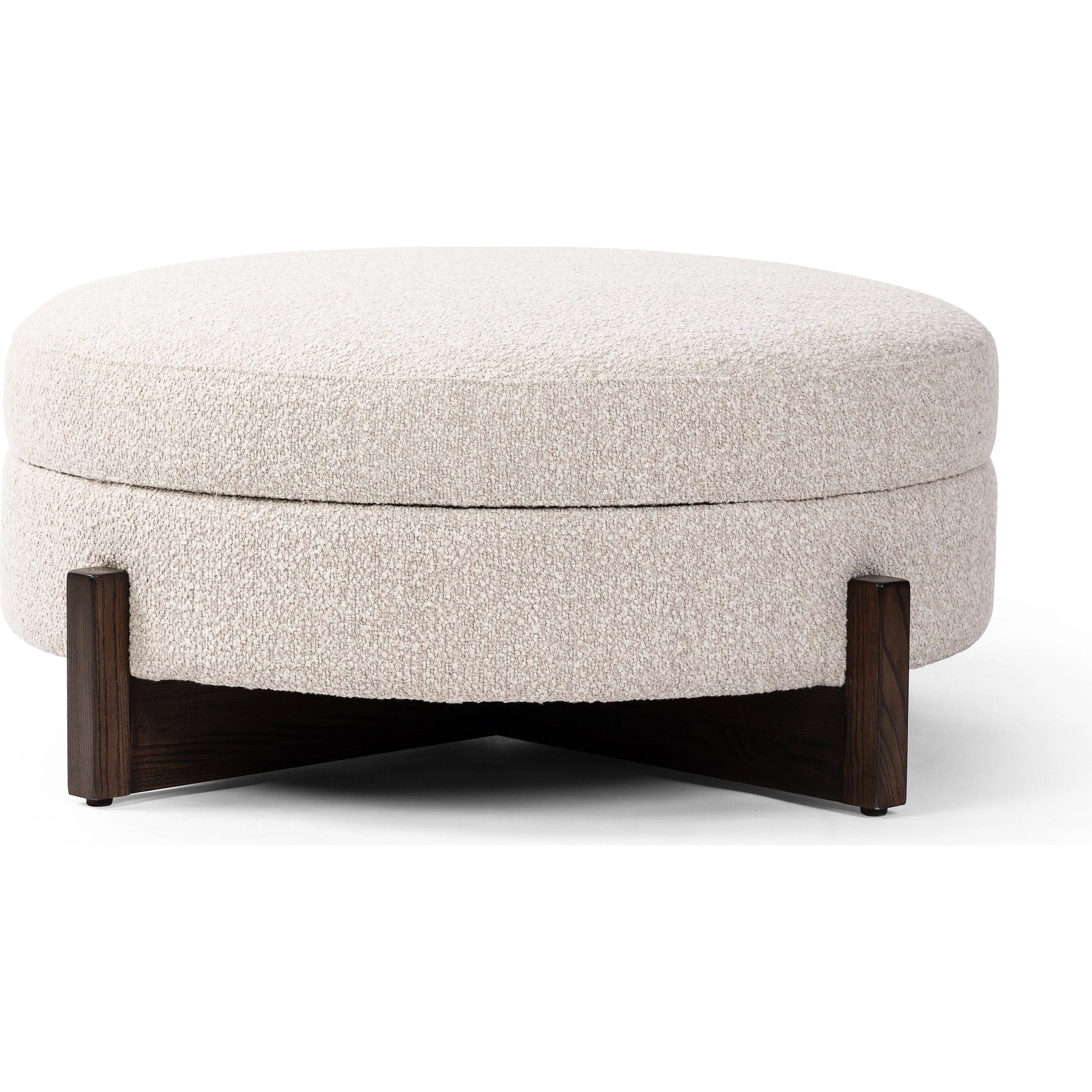 Esben Storage Ottoman by Four Hands in sattley fog, terra brown nettlewod. Made from 96% polyester, 4% acrylic, solid nettlewood, 100% polyester in a modern style.