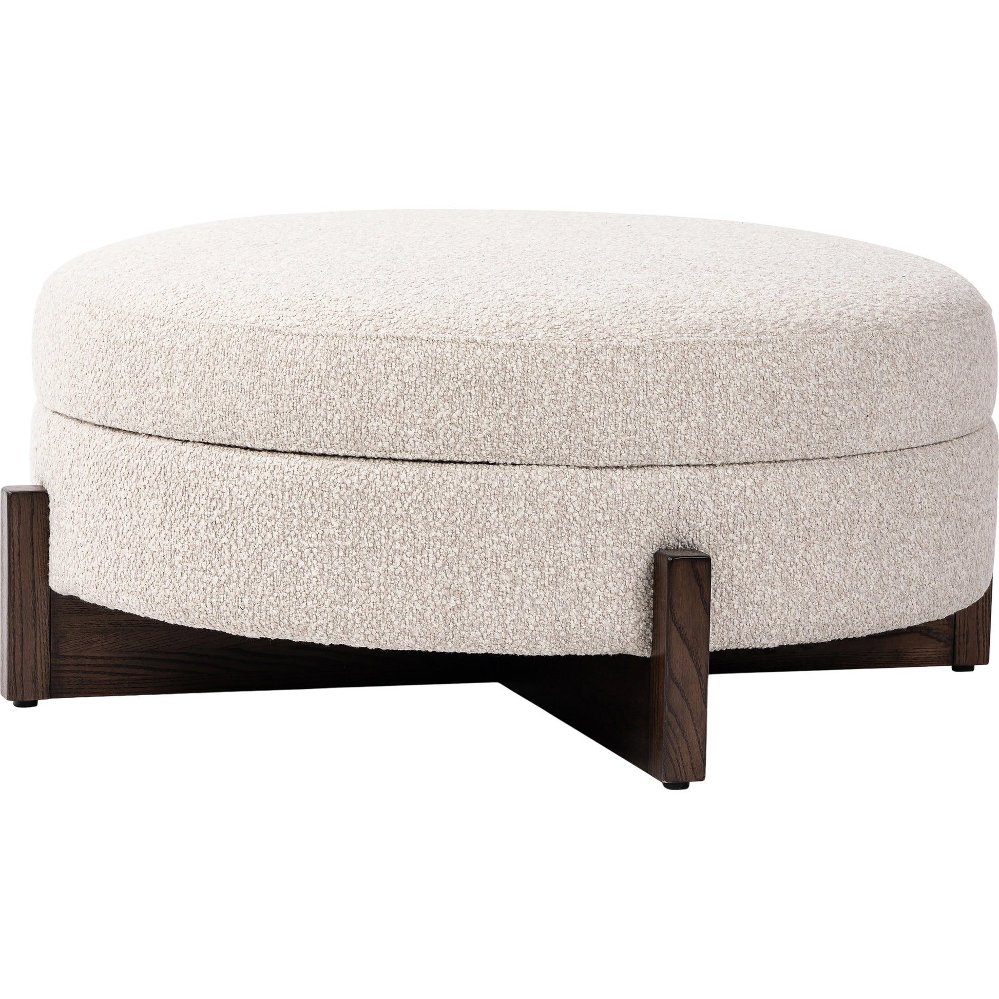 Esben Storage Ottoman by Four Hands in sattley fog, terra brown nettlewod. Made from 96% polyester, 4% acrylic, solid nettlewood, 100% polyester in a modern style.
