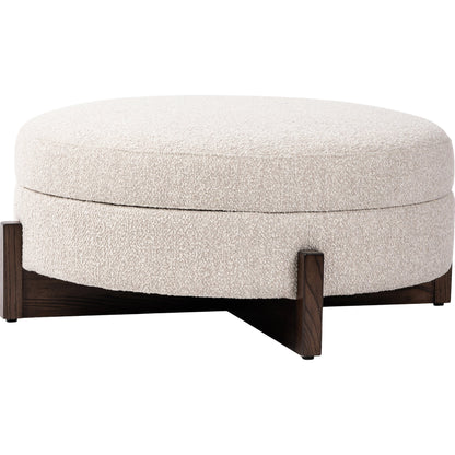 Esben Storage Ottoman by Four Hands in sattley fog, terra brown nettlewod. Made from 96% polyester, 4% acrylic, solid nettlewood, 100% polyester in a modern style.