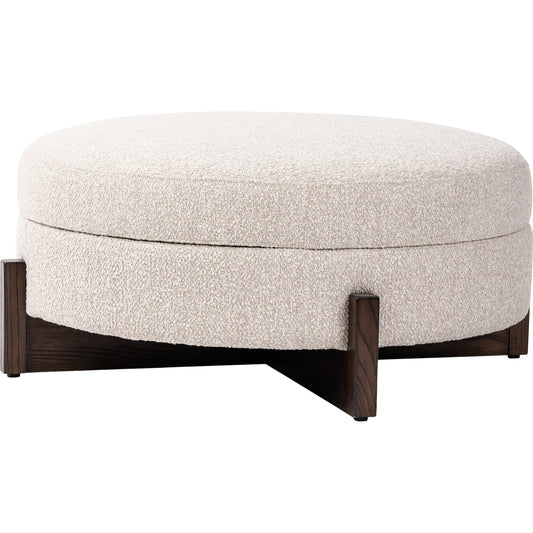 Esben Storage Ottoman by Four Hands in sattley fog, terra brown nettlewod. Made from 96% polyester, 4% acrylic, solid nettlewood, 100% polyester in a modern style.