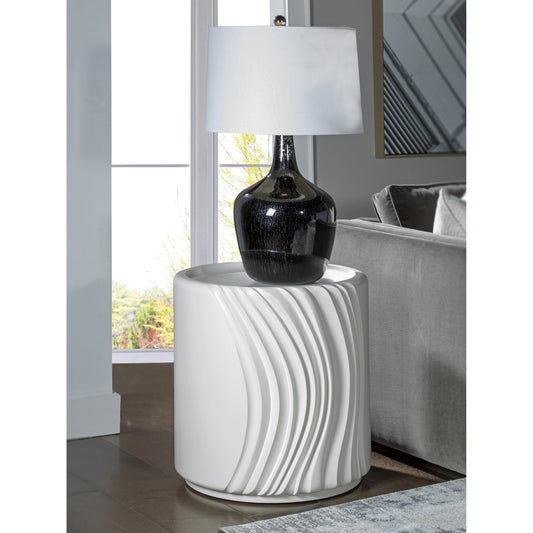 Volante Round Drum End Table by Artistica Home in matte white, ivory. Made from unique in a modern style.
