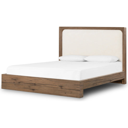 Henry Bed by Four Hands in halcyon ivory, rustic grey. Made from 92% polyester, 8% flax, linen, solid reclaimed oak, thick oak veneer in a modern style.