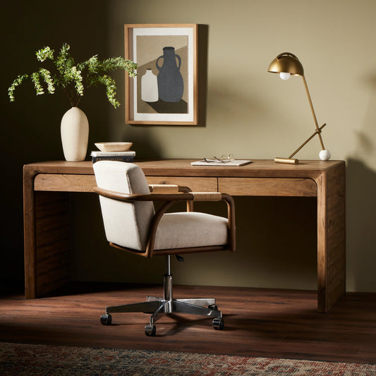 Henry Desk by Four Hands in rustic grey. Made from solid reclaimed oak, thick oak veneer in a modern style.