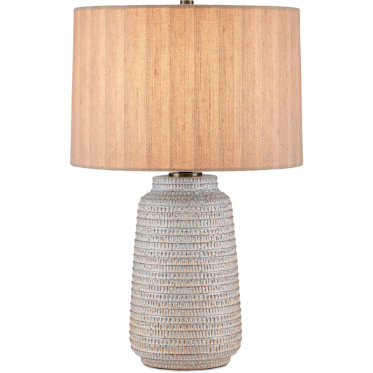 Owen Table Lamp by Currey and Company in off-white, light brown, antique brass. Made from ceramic in a unique style.