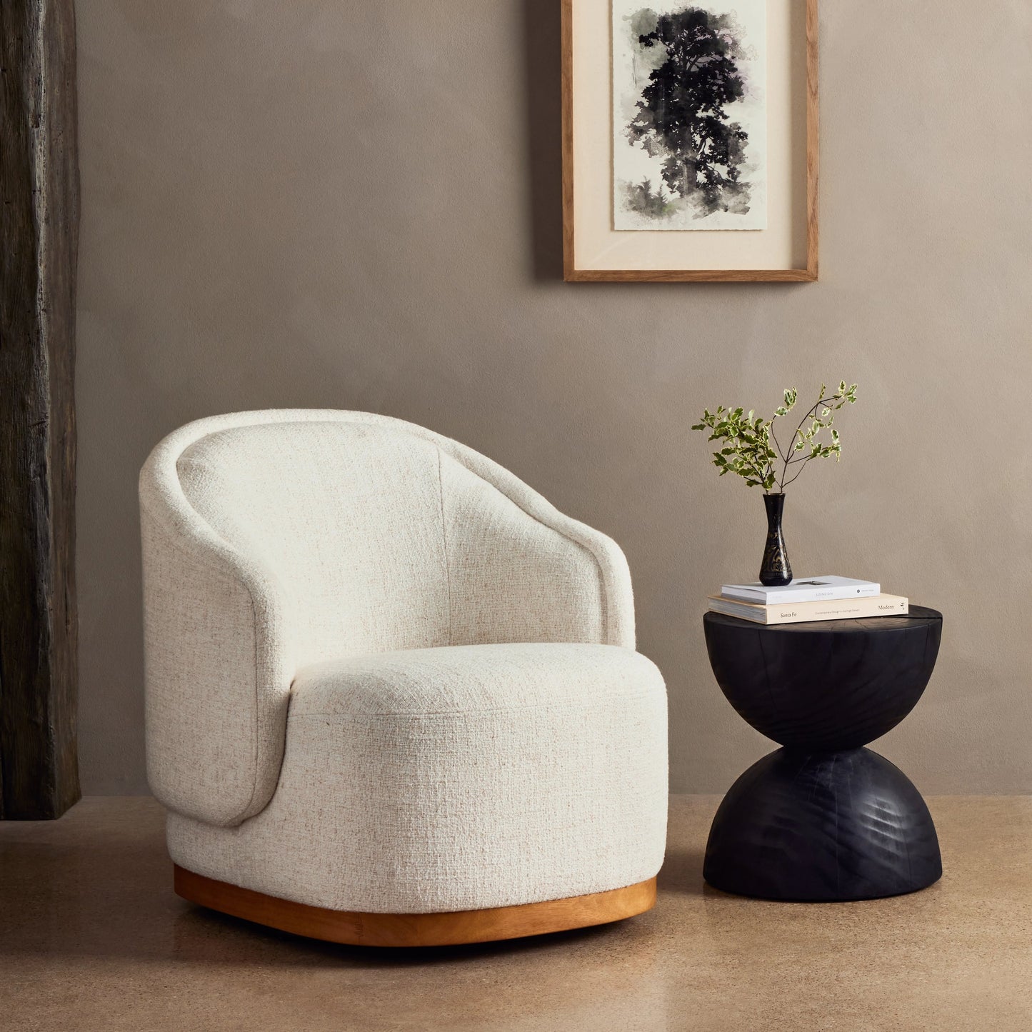 010 SI-1977539 | Lifestyle | Martine Swivel Chair by Four Hands in omari natural, golden parawood. Made from 79% polyester, 16% viscose (rayon), 5% flax, linen, solid parawood, 100% polyester in a modern style.