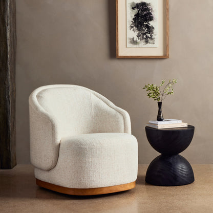 Martine Swivel Chair by Four Hands in omari natural, golden parawood. Made from 79% polyester, 16% viscose (rayon), 5% flax, linen, solid parawood, 100% polyester in a modern style.