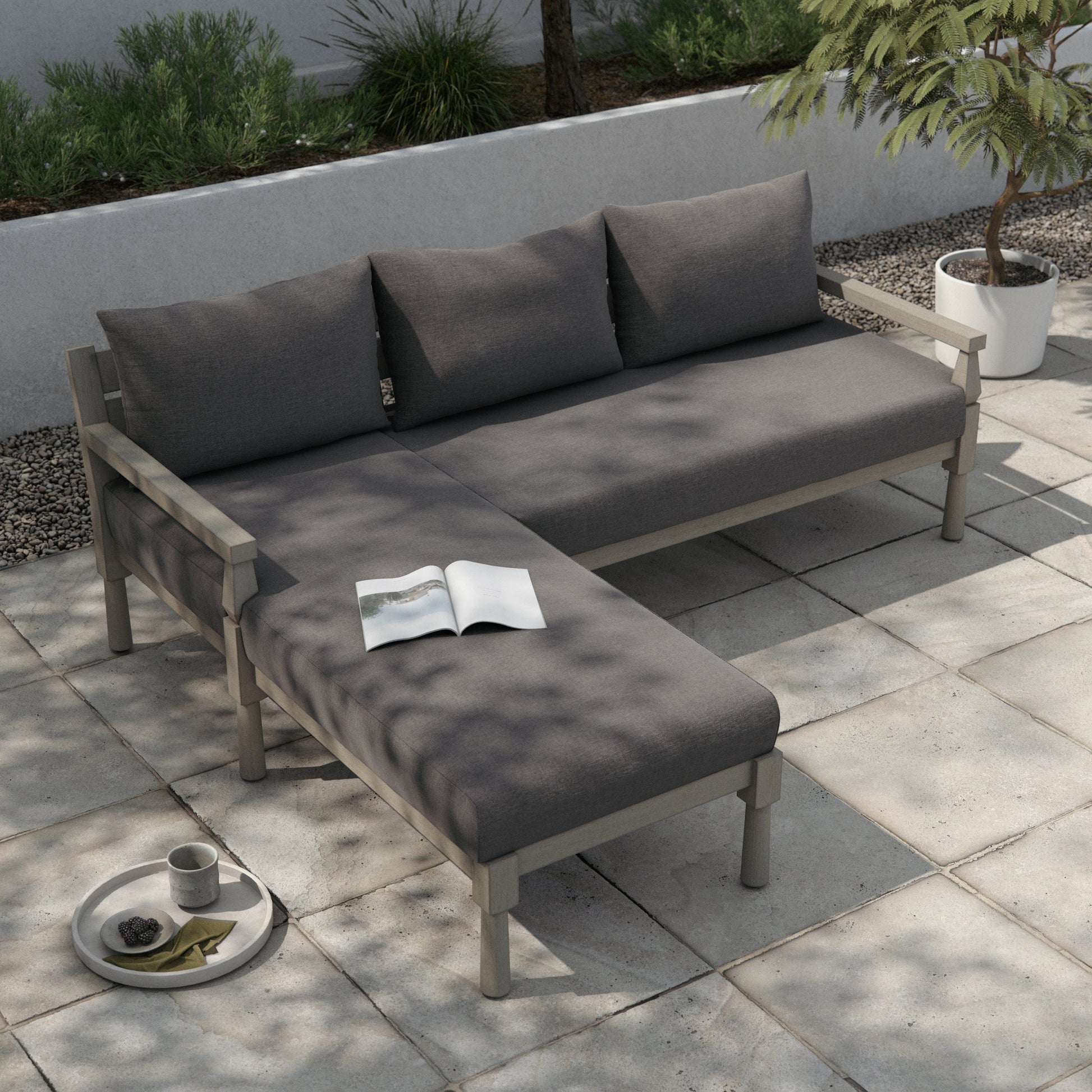 Waller Outdoor 2-PC Sectional by Four Hands. Made from 100% olefin, solid fsc®-certified teak, 59% polyurethane foam, 30% polyester fiber, 11% polyester fiber batting in a cottage & farmhouse style.