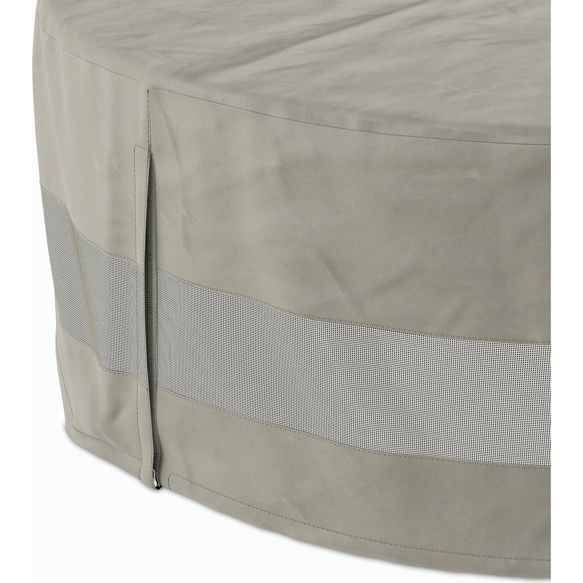 Weatherproof Outdoor Round Coffee Table Cover by Four Hands in baron grey, baron mesh and baron grey. Made from 100% polyester, 70% polyvinyl chloride (pvc), 30% polyester in a modern style.