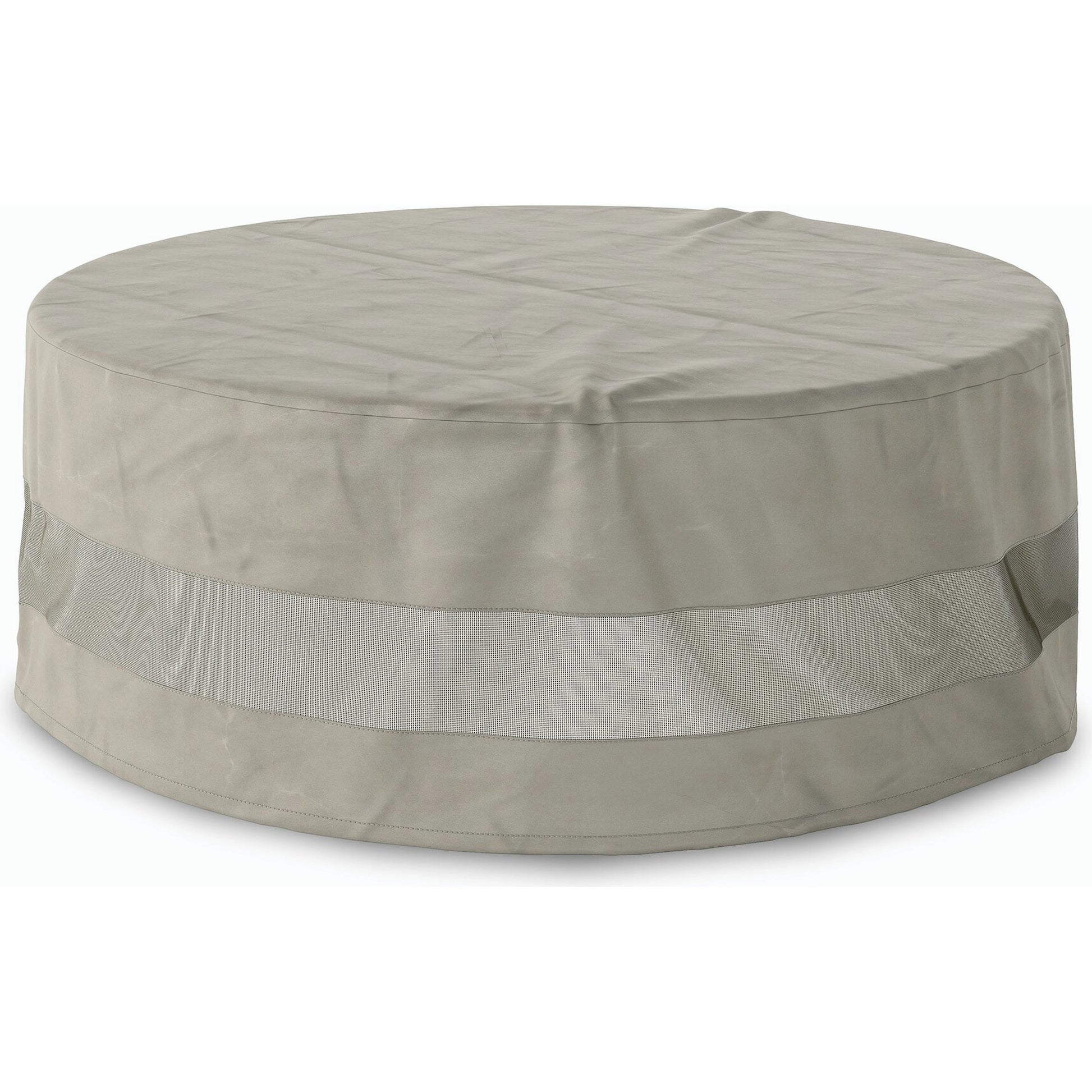 Weatherproof Outdoor Round Coffee Table Cover by Four Hands in baron grey, baron mesh and baron grey. Made from 100% polyester, 70% polyvinyl chloride (pvc), 30% polyester in a modern style.
