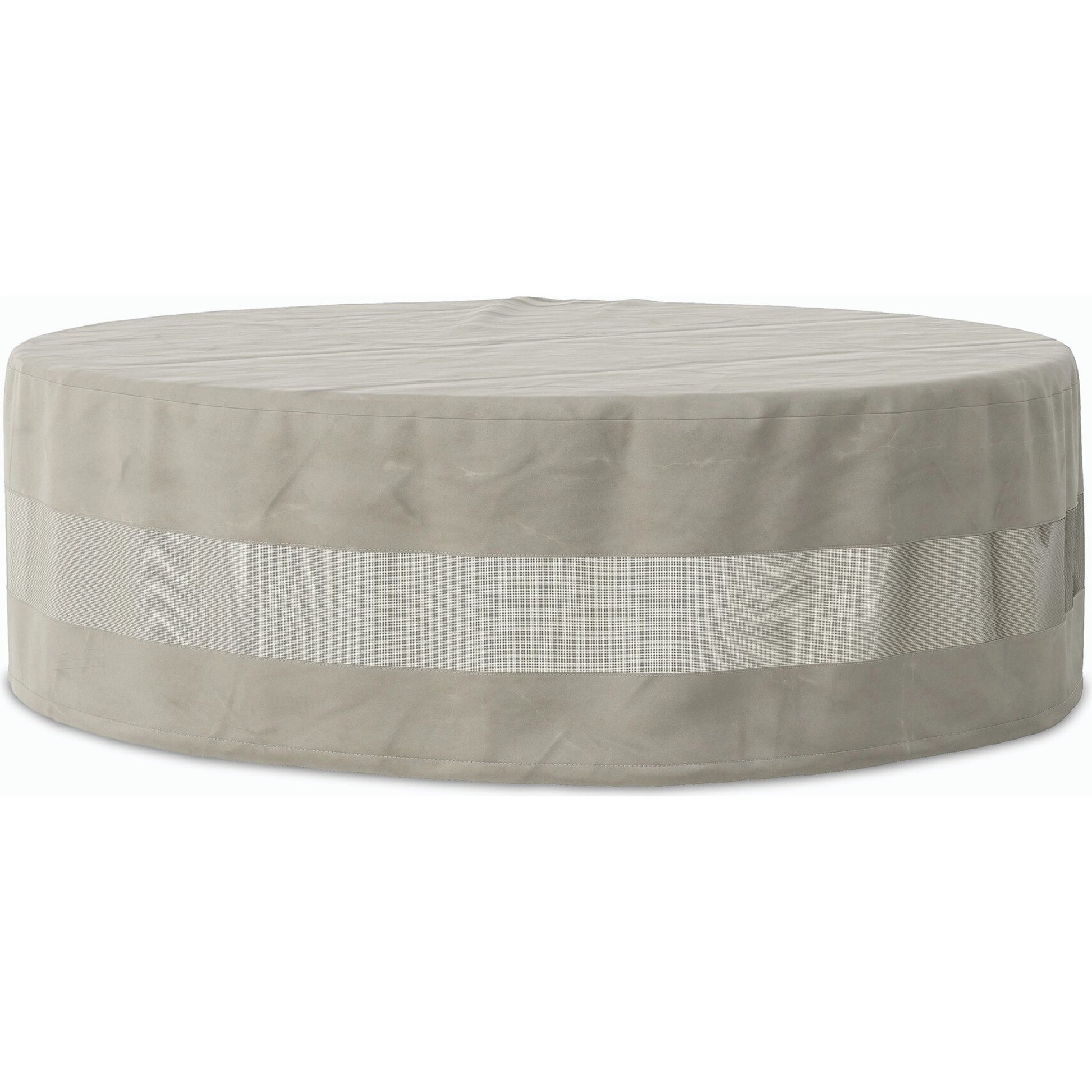 Weatherproof Outdoor Round Coffee Table Cover by Four Hands in baron grey, baron mesh and baron grey. Made from 100% polyester, 70% polyvinyl chloride (pvc), 30% polyester in a modern style.