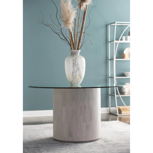 Cassio Round Dining Table by Artistica Home in white travertine. Made from unique in a unique style.