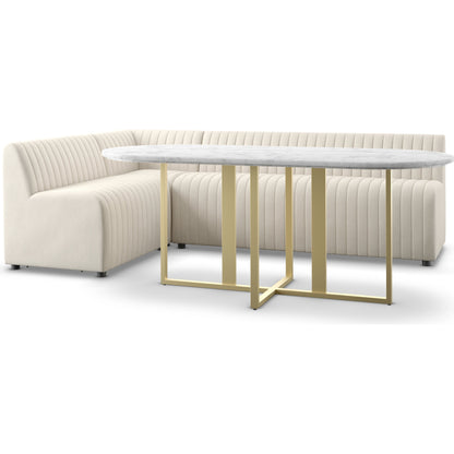 Augustine Dining Banquette by Four Hands in capri oatmeal. Made from 100% polyester, 80% polyurethane foam, 20% polyester fiber in a modern style.