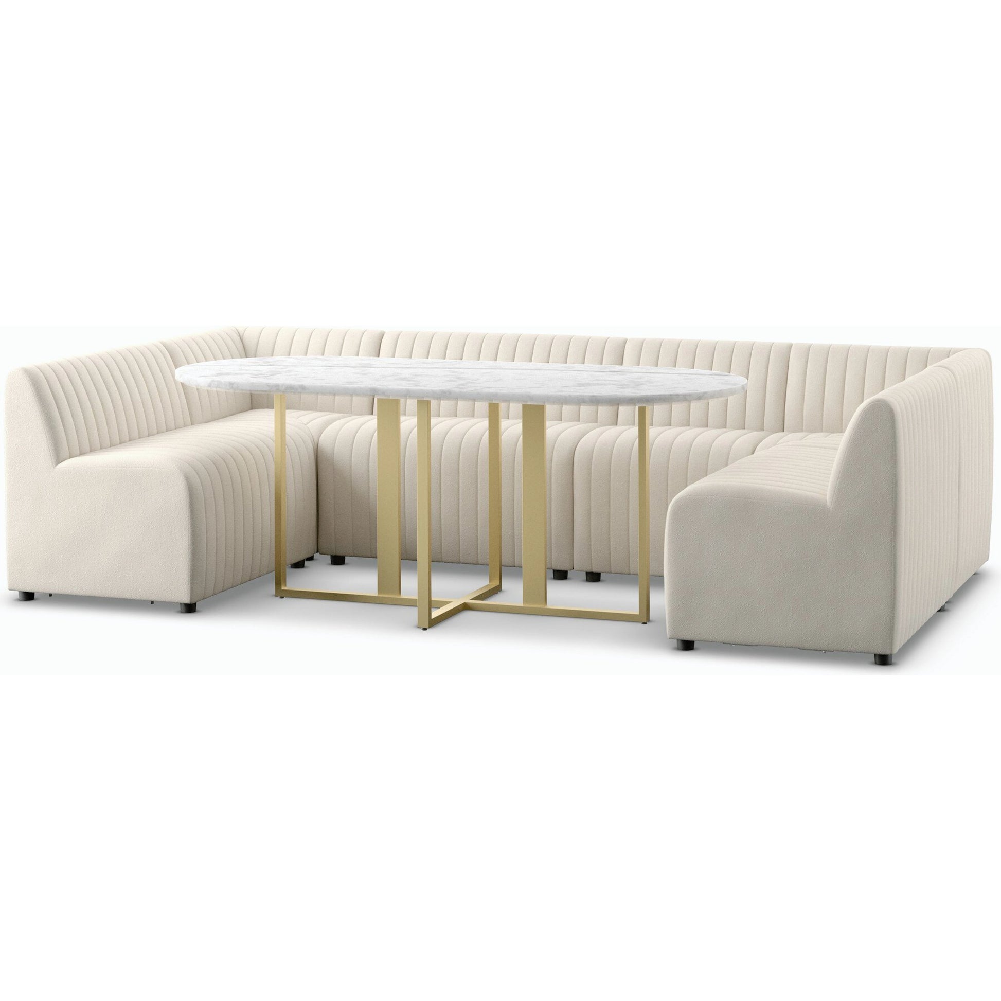 Augustine Dining Banquette by Four Hands in capri oatmeal. Made from 100% polyester, 80% polyurethane foam, 20% polyester fiber in a modern style.
