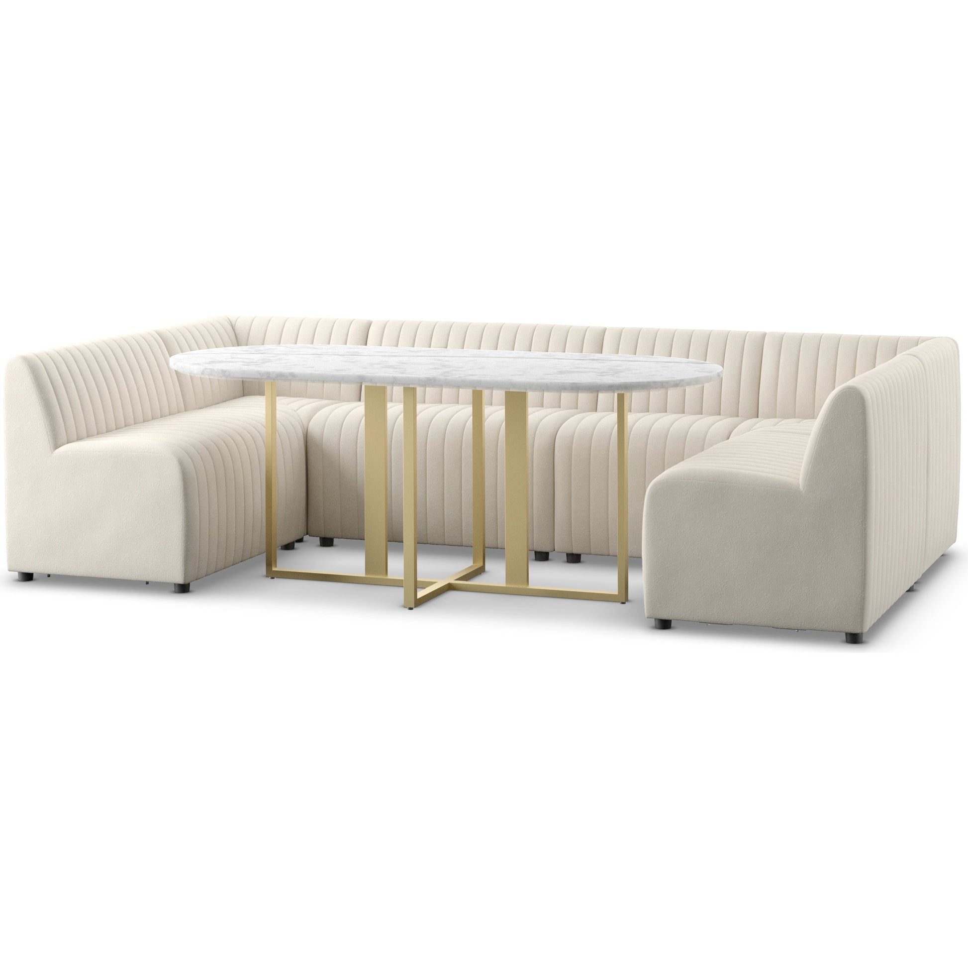 Augustine Dining Banquette by Four Hands in capri oatmeal. Made from 100% polyester, 80% polyurethane foam, 20% polyester fiber in a modern style.
