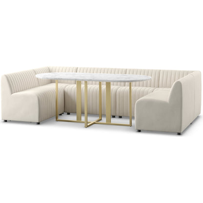 Augustine Dining Banquette by Four Hands in capri oatmeal. Made from 100% polyester, 80% polyurethane foam, 20% polyester fiber in a modern style.