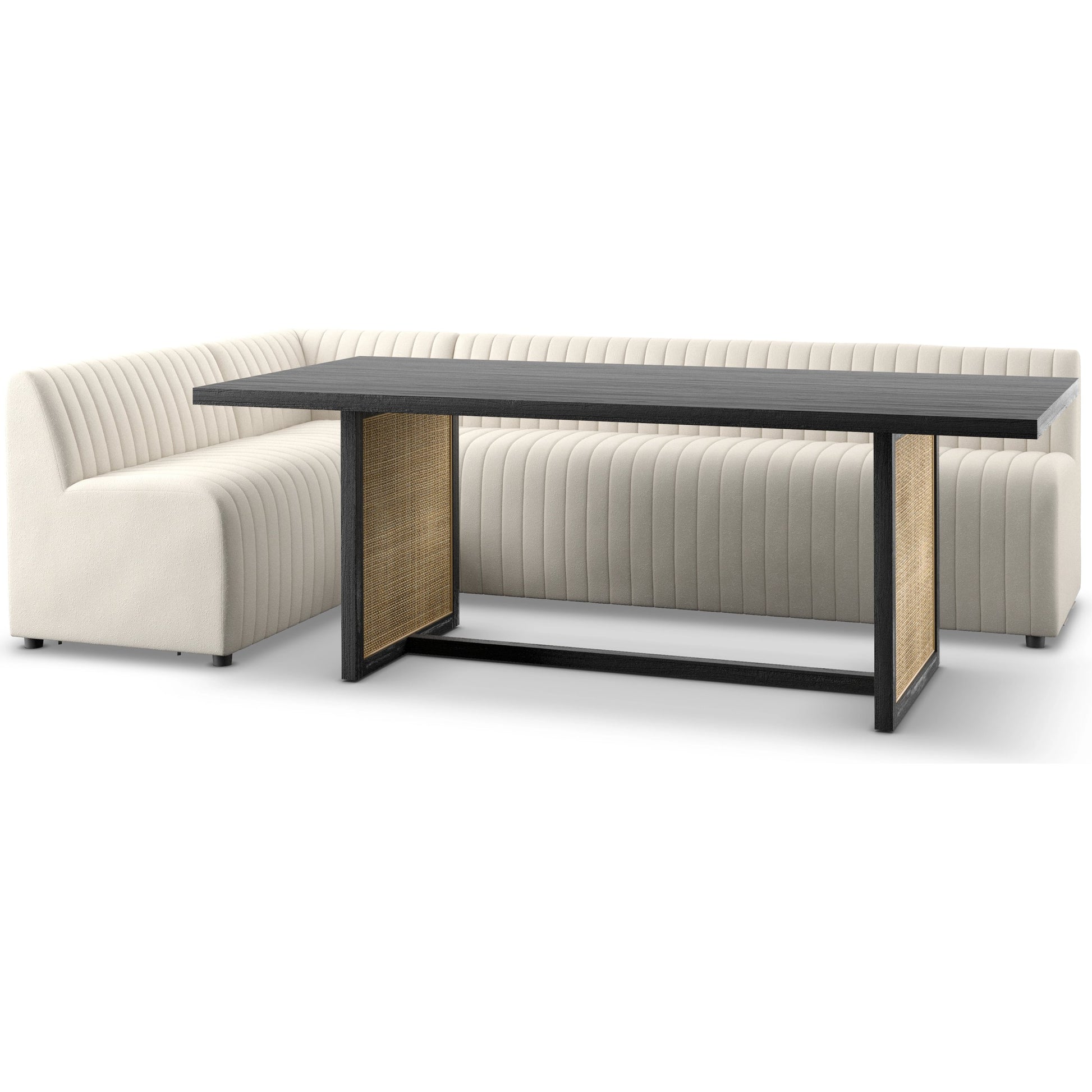 Augustine Dining Banquette by Four Hands in capri oatmeal. Made from 100% polyester, 80% polyurethane foam, 20% polyester fiber in a modern style.