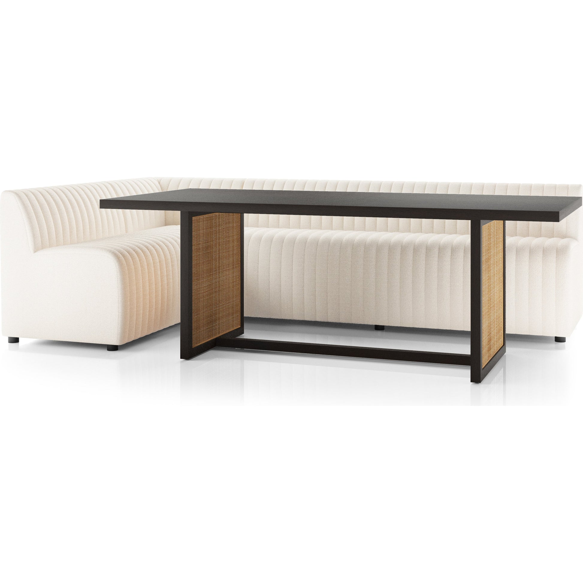Augustine Dining Banquette by Four Hands in capri oatmeal. Made from 100% polyester, 80% polyurethane foam, 20% polyester fiber in a modern style.