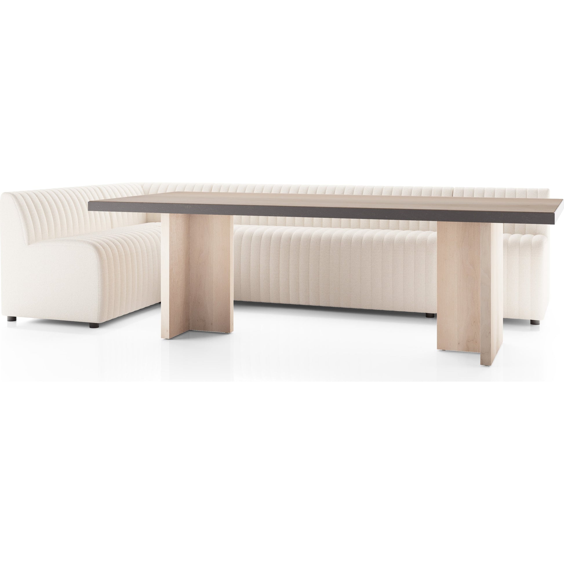Augustine Dining Banquette by Four Hands in capri oatmeal. Made from 100% polyester, 80% polyurethane foam, 20% polyester fiber in a modern style.