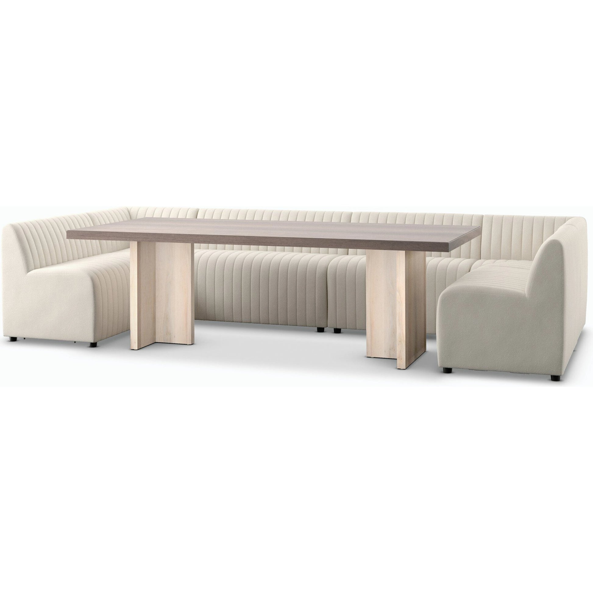 Augustine Dining Banquette by Four Hands in capri oatmeal. Made from 100% polyester, 80% polyurethane foam, 20% polyester fiber in a modern style.