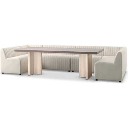 Augustine Dining Banquette by Four Hands in capri oatmeal. Made from 100% polyester, 80% polyurethane foam, 20% polyester fiber in a modern style.