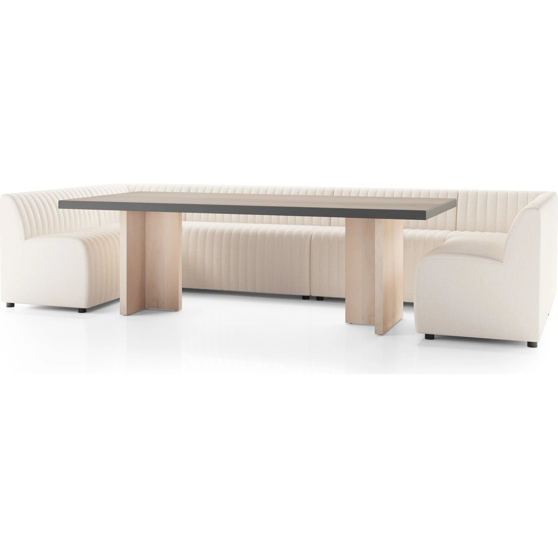 Augustine Dining Banquette by Four Hands in capri oatmeal. Made from 100% polyester, 80% polyurethane foam, 20% polyester fiber in a modern style.
