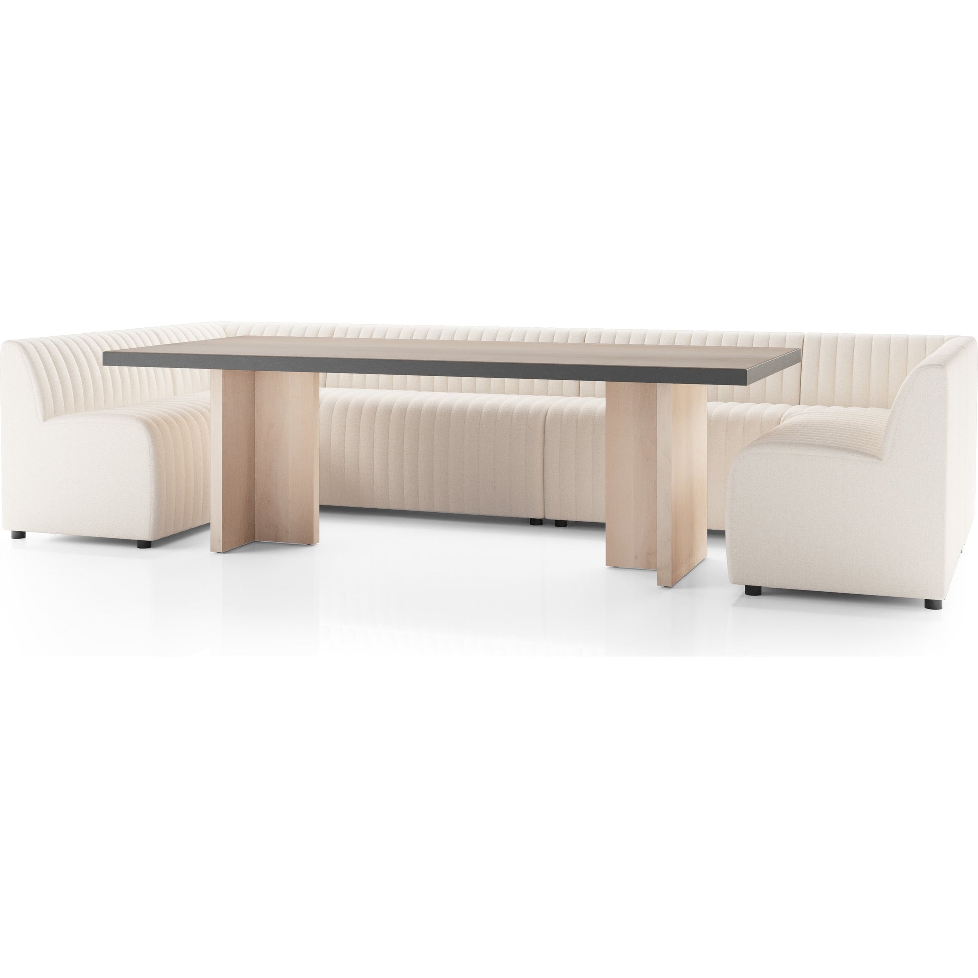 Augustine Dining Banquette by Four Hands in capri oatmeal. Made from 100% polyester, 80% polyurethane foam, 20% polyester fiber in a modern style.