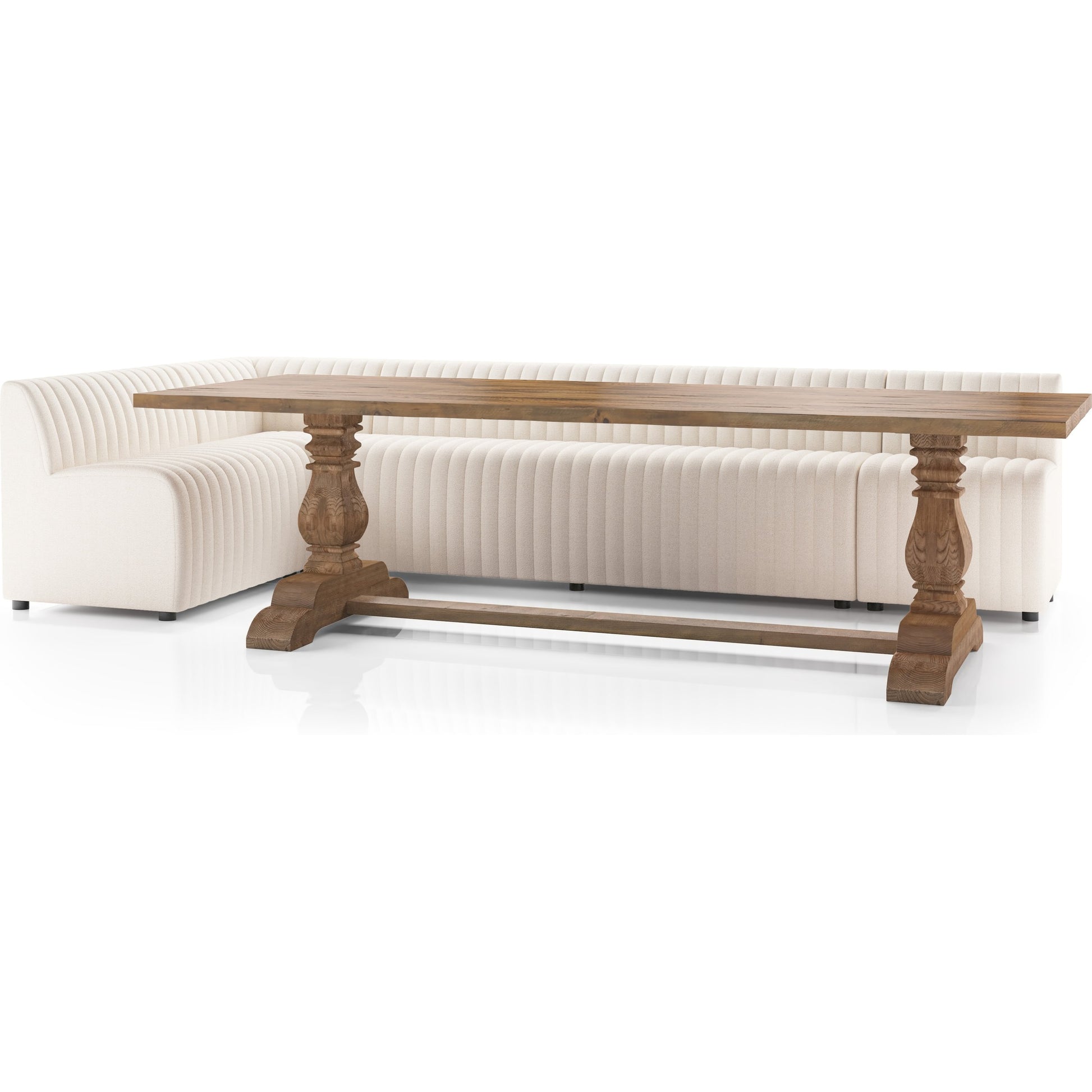 Augustine Dining Banquette by Four Hands in capri oatmeal. Made from 100% polyester, 80% polyurethane foam, 20% polyester fiber in a modern style.