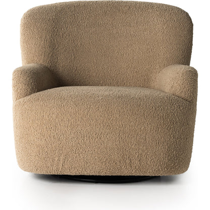 Kadon Swivel Chair by Four Hands in sheepskin camel. Made from 100% polyester, eucalyptus plywood, 100% polypropylene in a modern style.