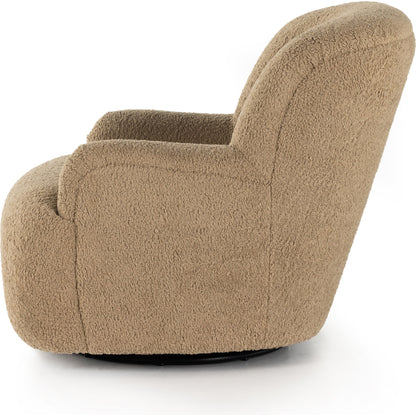 Kadon Swivel Chair by Four Hands in sheepskin camel. Made from 100% polyester, eucalyptus plywood, 100% polypropylene in a modern style.