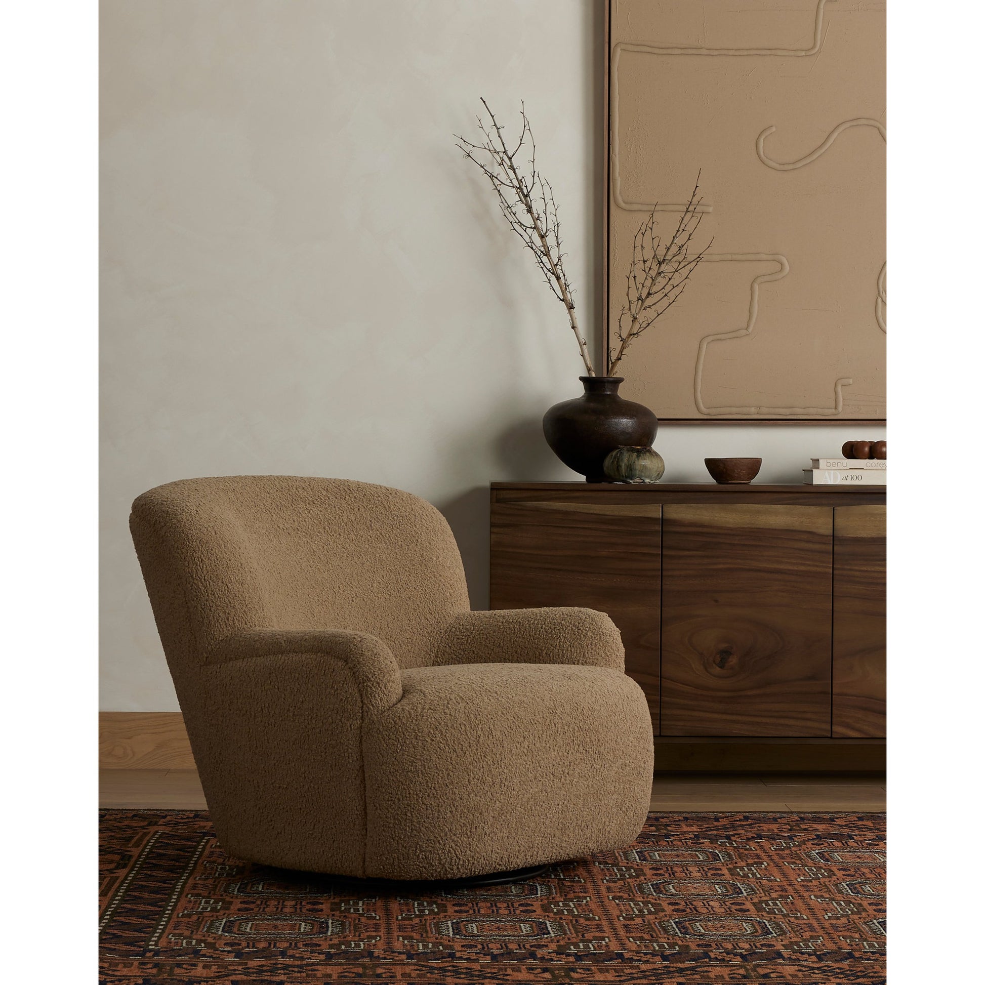 Kadon Swivel Chair by Four Hands in sheepskin camel. Made from 100% polyester, eucalyptus plywood, 100% polypropylene in a modern style.