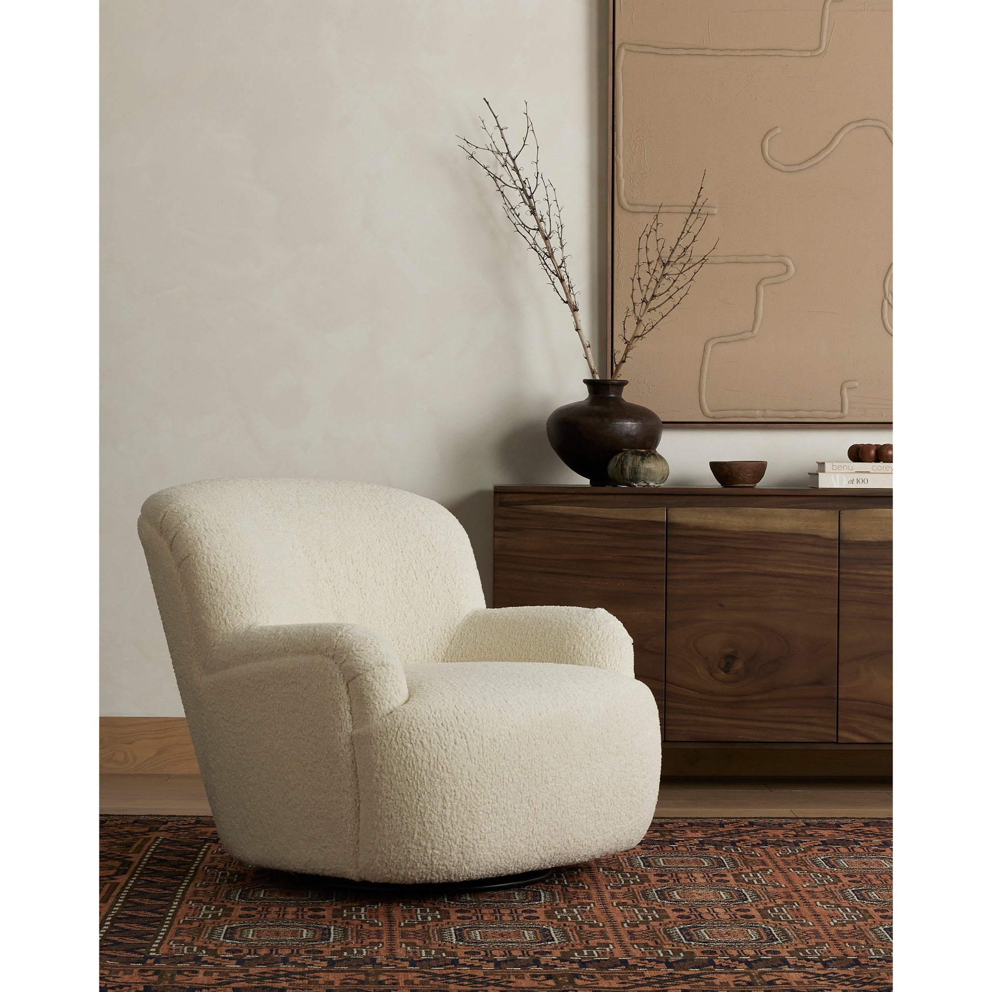 Kadon Swivel Chair by Four Hands in sheepskin camel. Made from 100% polyester, eucalyptus plywood, 100% polypropylene in a modern style.