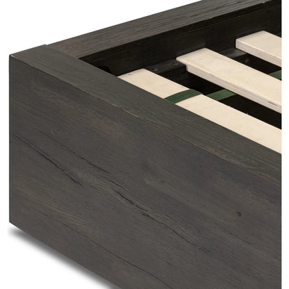 Leo Bed by Four Hands in smoked black, smoked black veneer. Made from solid oak, thick oak veneer in a unique style.