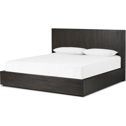 Leo Bed by Four Hands in smoked black, smoked black veneer. Made from solid oak, thick oak veneer in a unique style.