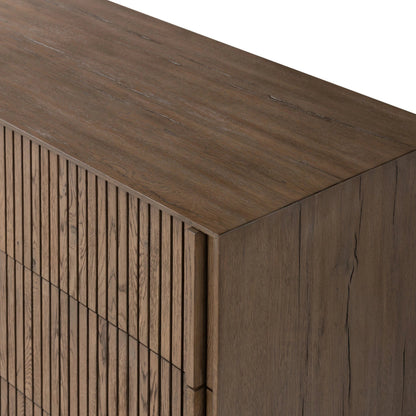 Leo 6 Drawer Dresser by Four Hands in rustic grey. Made from solid oak, thick oak veneer in a modern style.