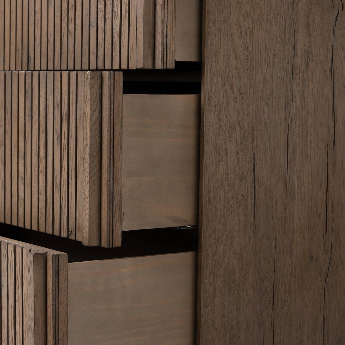 011 SI-2137456 | Closeup | Leo 6 Drawer Dresser by Four Hands in rustic grey. Made from solid oak, thick oak veneer in a modern style.