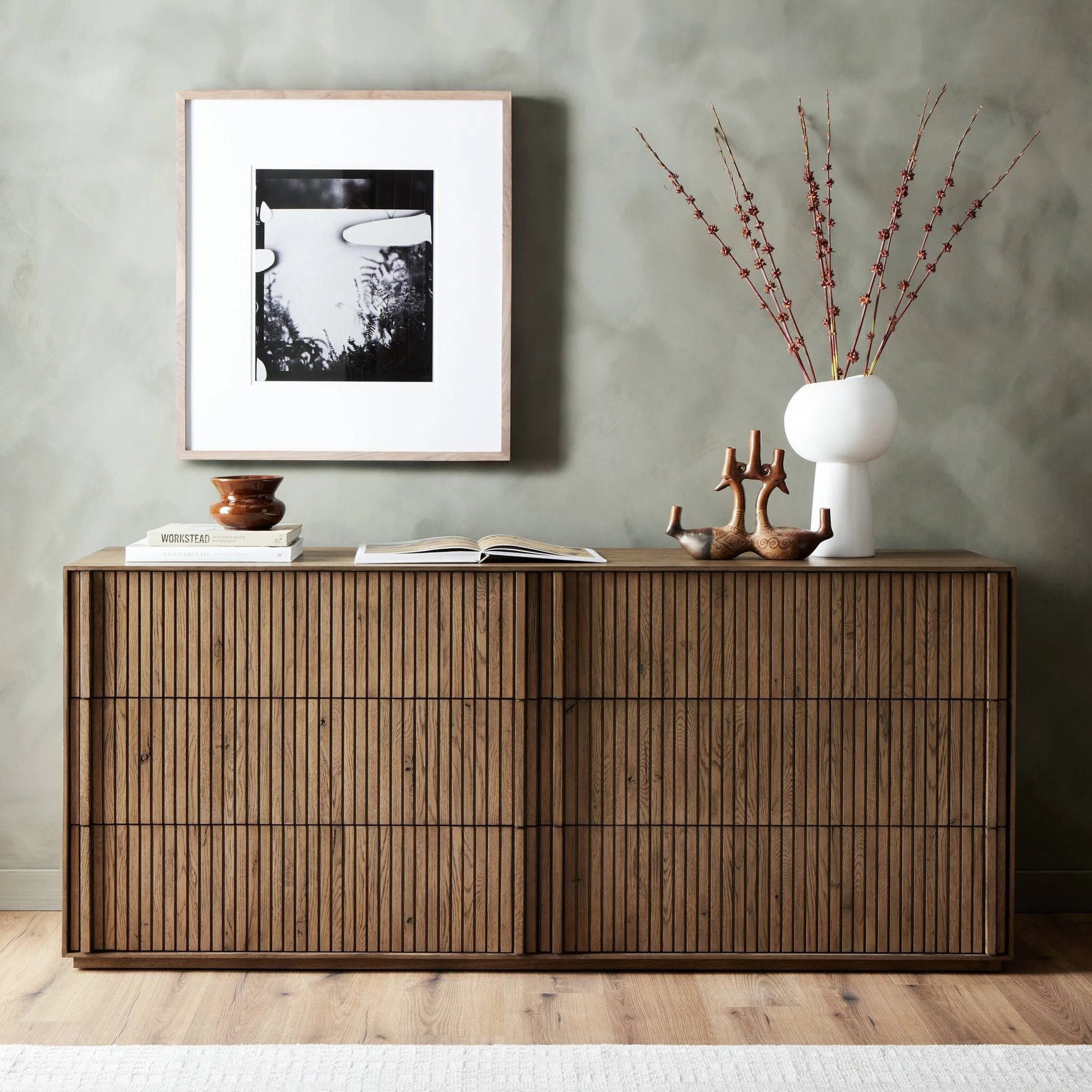 Leo 6 Drawer Dresser by Four Hands in rustic grey. Made from solid oak, thick oak veneer in a modern style.