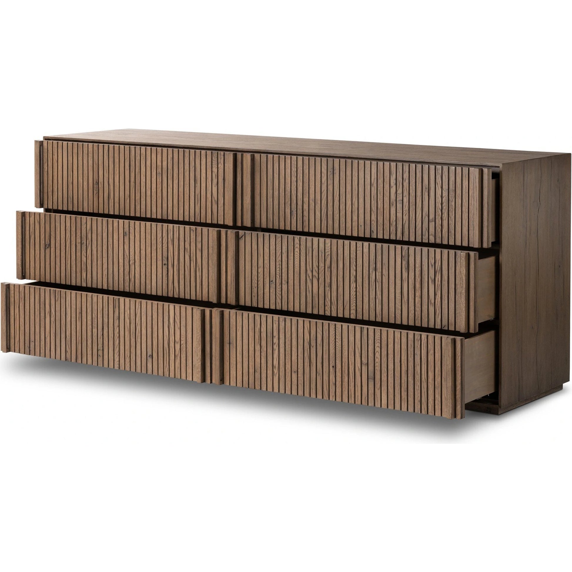 Leo 6 Drawer Dresser by Four Hands in rustic grey. Made from solid oak, thick oak veneer in a modern style.