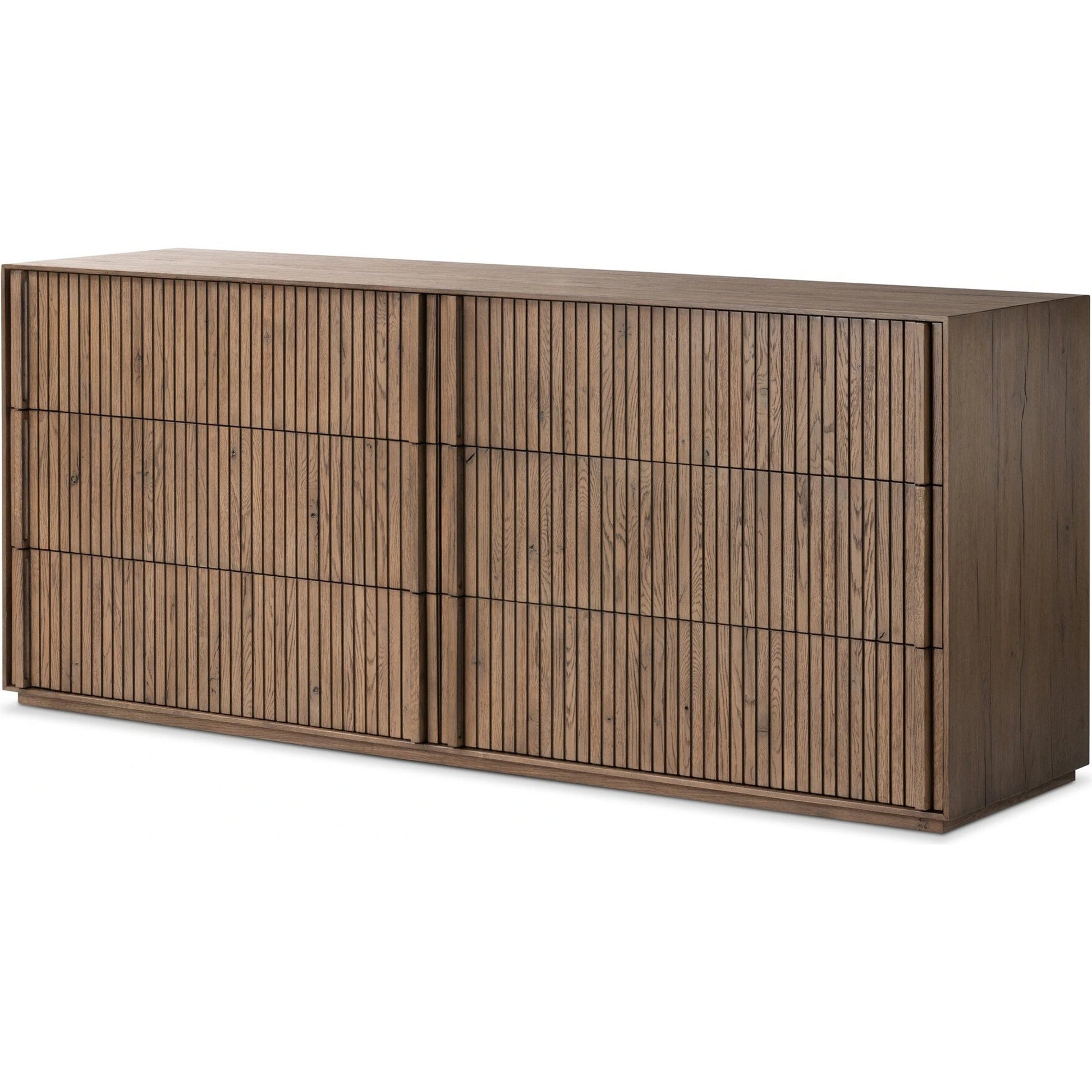 Leo 6 Drawer Dresser by Four Hands in rustic grey. Made from solid oak, thick oak veneer in a modern style.