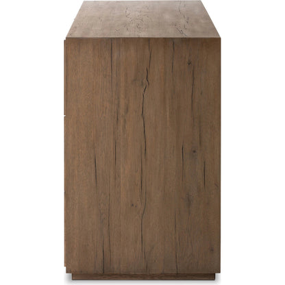 Leo 6 Drawer Dresser by Four Hands in rustic grey. Made from solid oak, thick oak veneer in a modern style.