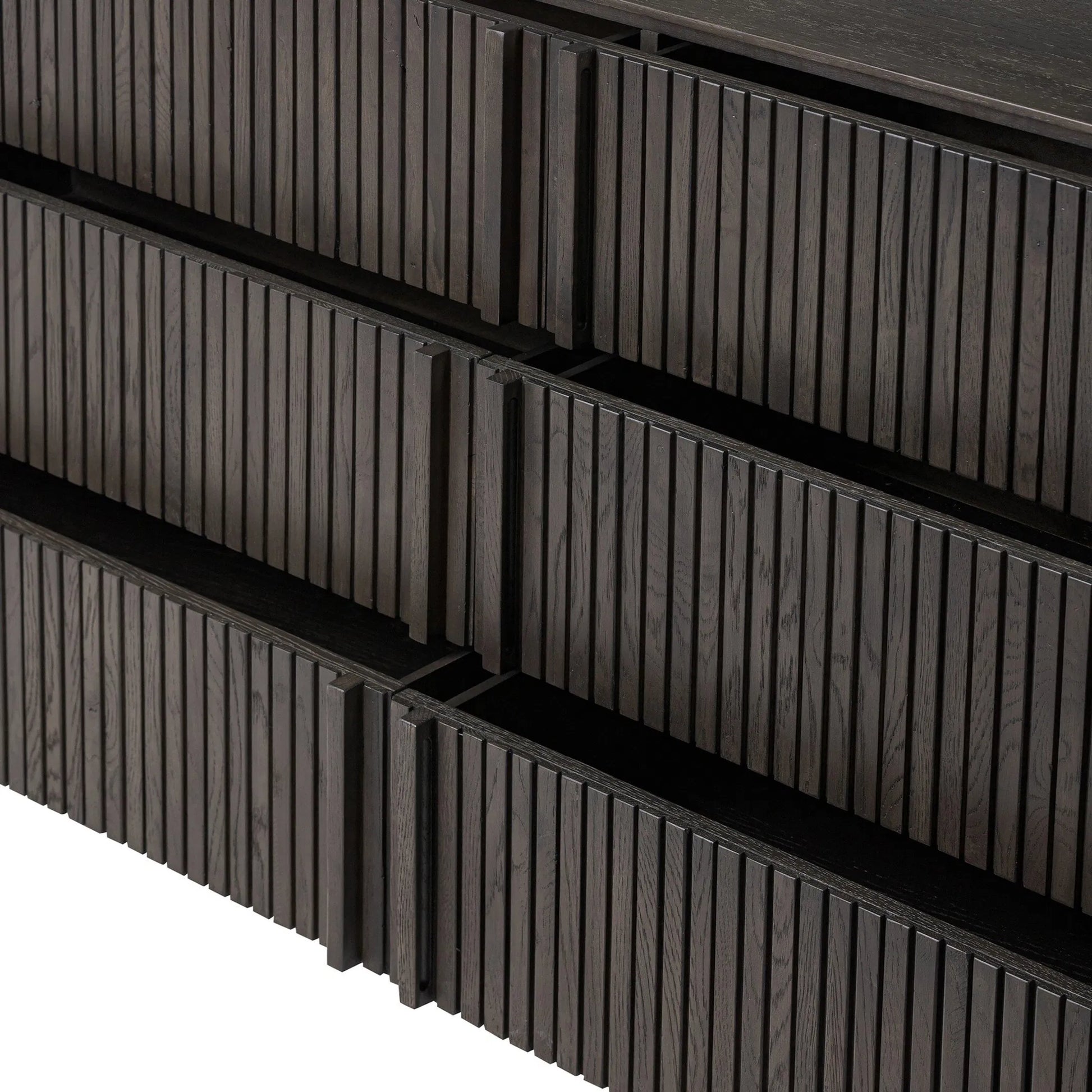 Leo 6 Drawer Dresser by Four Hands in smoked black, smoked black veneer. Made from solid oak, thick oak veneer in a unique style.