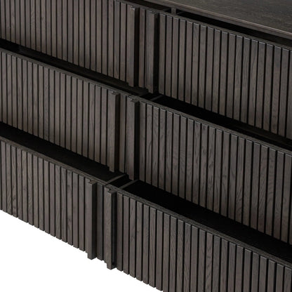 Leo 6 Drawer Dresser by Four Hands in smoked black, smoked black veneer. Made from solid oak, thick oak veneer in a unique style.