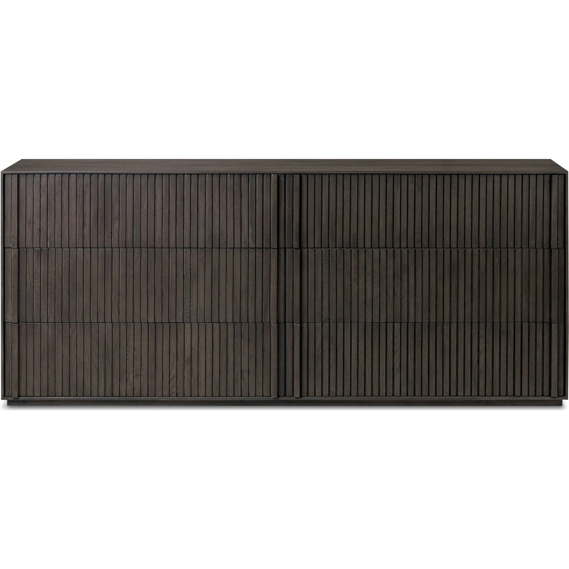 Leo 6 Drawer Dresser by Four Hands in smoked black, smoked black veneer. Made from solid oak, thick oak veneer in a unique style.