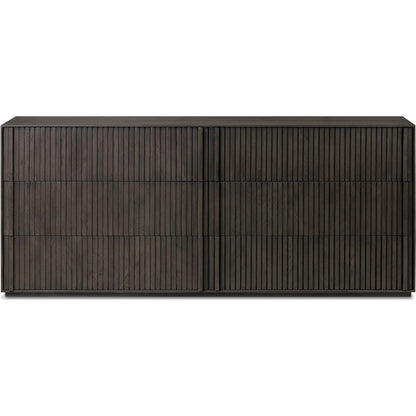 Leo 6 Drawer Dresser by Four Hands in smoked black, smoked black veneer. Made from solid oak, thick oak veneer in a unique style.