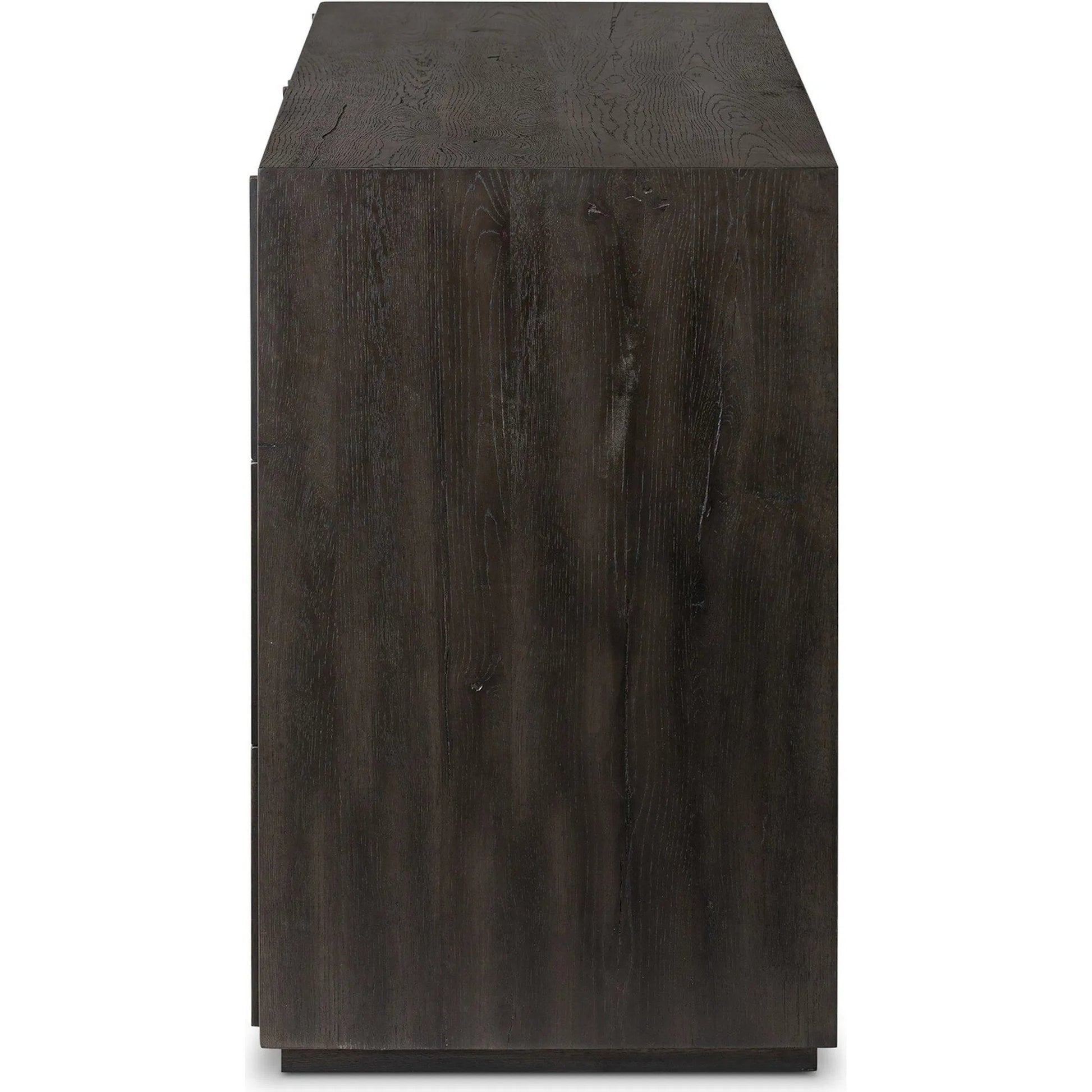 Leo 6 Drawer Dresser by Four Hands in smoked black, smoked black veneer. Made from solid oak, thick oak veneer in a unique style.