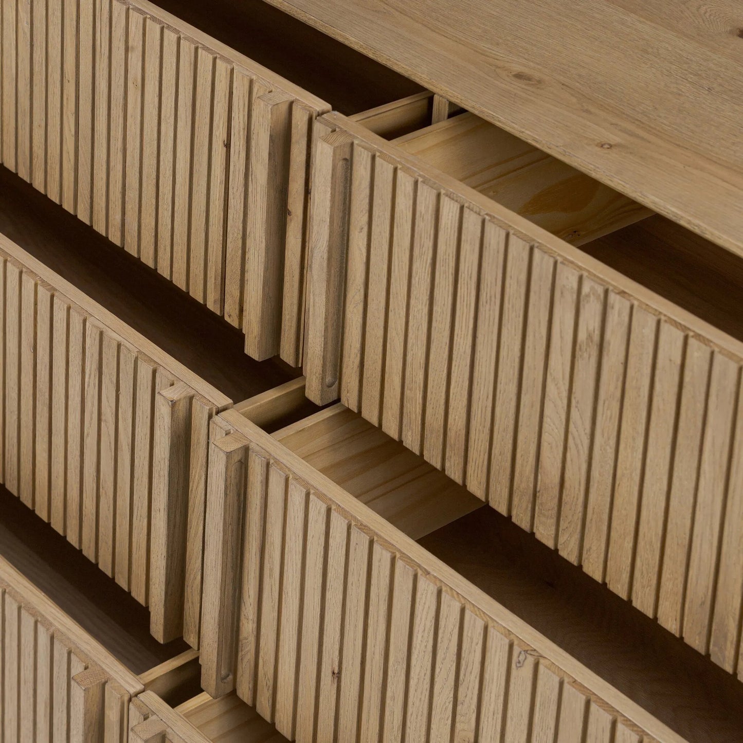 013 SI-2519225 | Closeup | Leo 6 Drawer Dresser by Four Hands in rustic light natural oak, rustic light natural oak veneer. Made from solid oak, thick oak veneer in a transitional style.