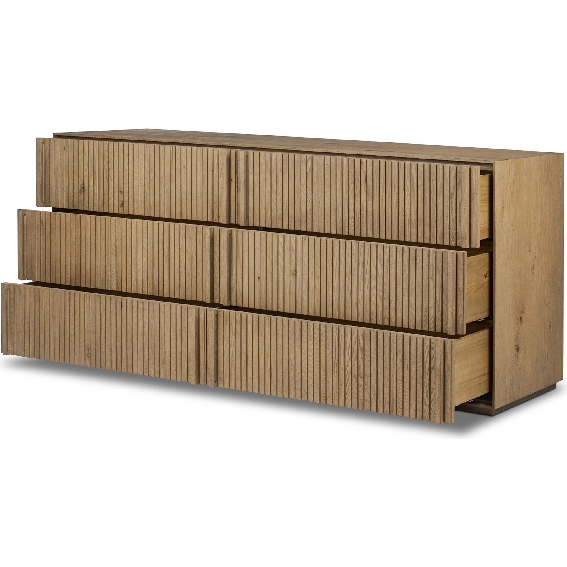 Leo 6 Drawer Dresser by Four Hands in rustic light natural oak, rustic light natural oak veneer. Made from solid oak, thick oak veneer in a transitional style.